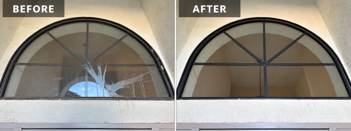 Before and after: buildup cleared from an arched window