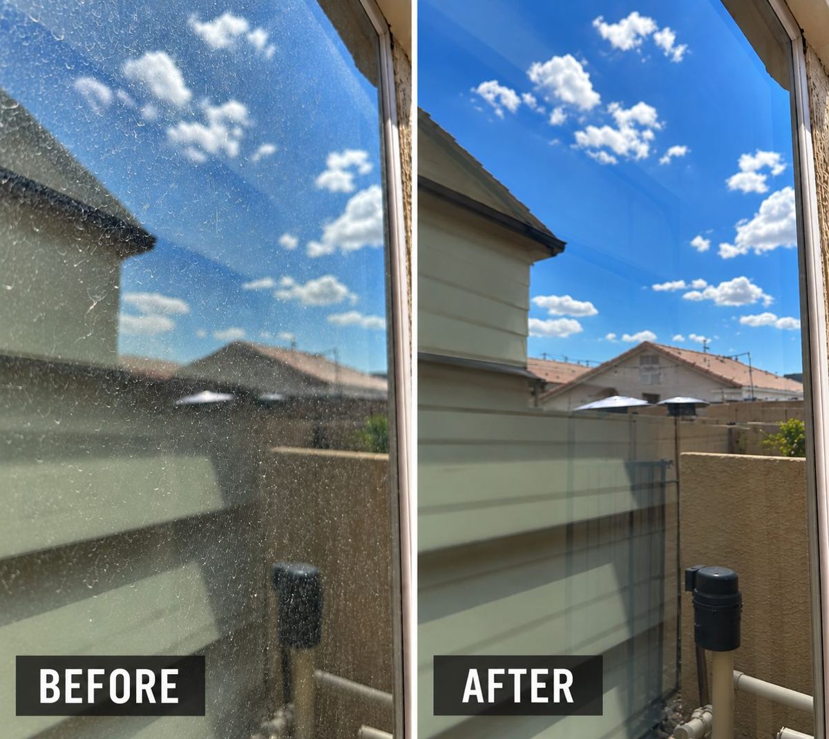 Before and after: hard-water spots removed from a window