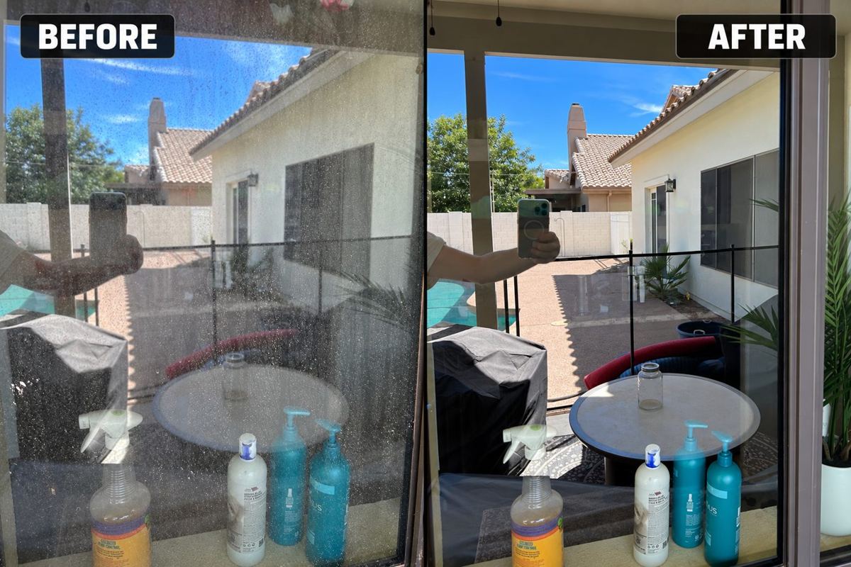 Before and after: patio sliding door glass cleaned
