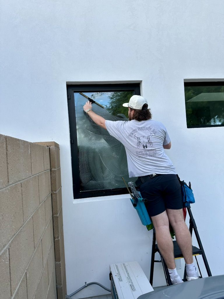 Tyler squeegeeing a window streak-free